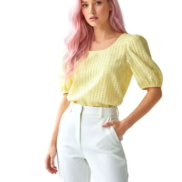 New Loft Eyelet Cutout Back Bubble Sleeve Top Butter Yellow - Picture 12 of 14